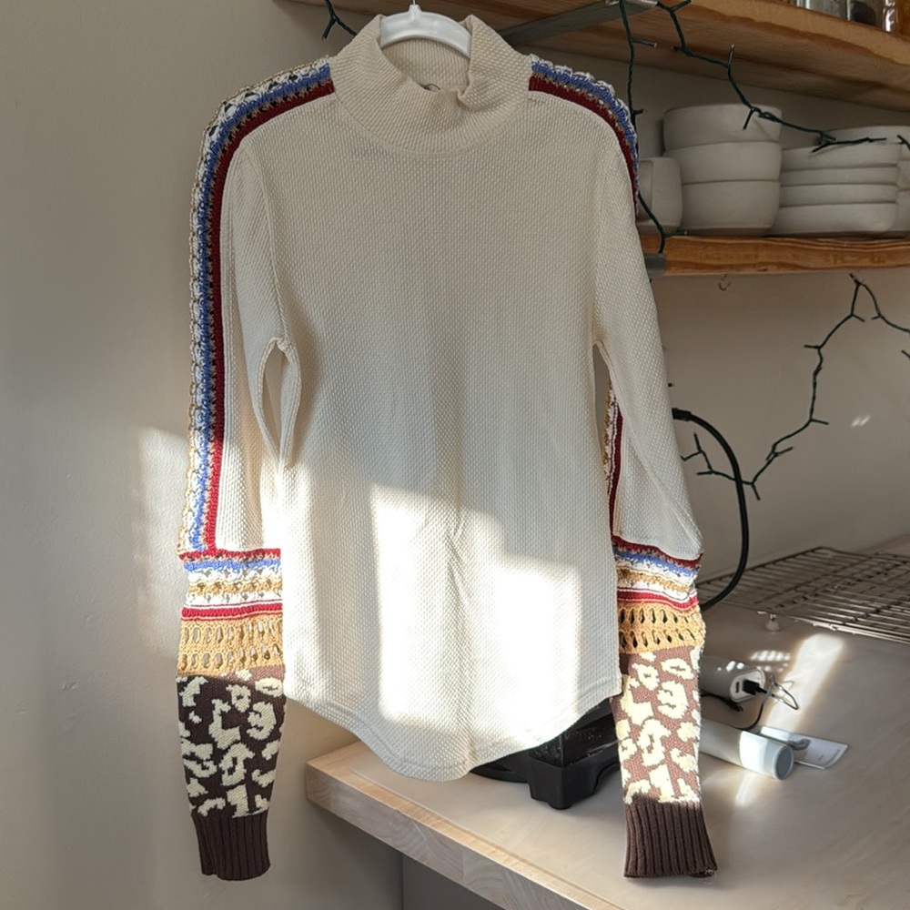 Free People Cream and Brown Jersey Top with Scoop Hemline